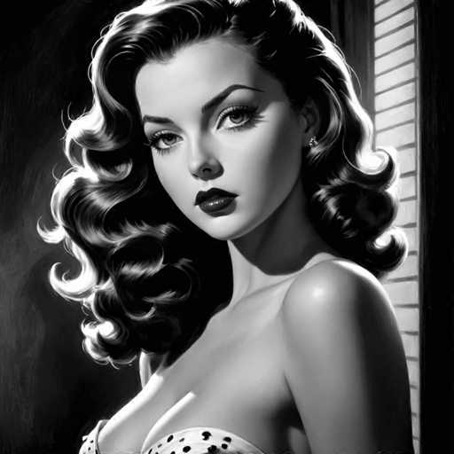 The image is a black and white portrait of a woman with long hair styled in loose curls. She has striking red lipstick on her lips and is wearing a white dress with polka dots. The background features a window that adds depth to the composition.