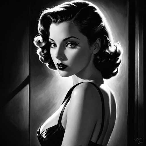 The image is a black and white portrait of a woman with curly hair wearing a strapless bra. The woman's face is the main focus, and she has her back turned to the viewer. The background features a dark wall that contrasts with the woman's figure, creating a dramatic effect.