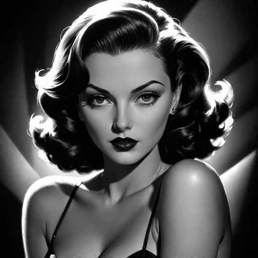 The image is a black and white portrait of a woman with curly hair wearing a strapless dress. The woman's face is the main focus, and she has her arms resting on her shoulders in a relaxed pose.