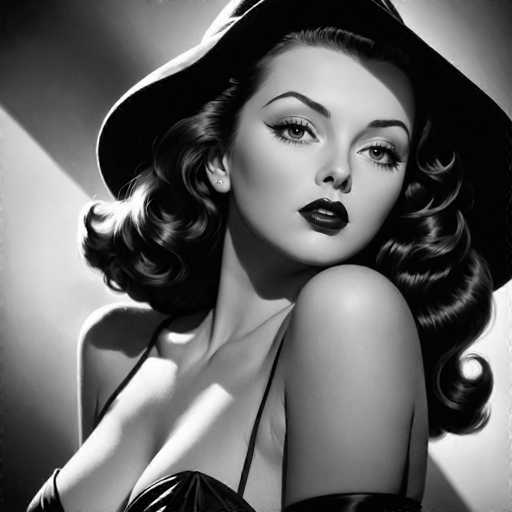A woman with long dark hair is wearing a black hat and a black dress. She has her eyes closed and is looking off to the side. The image is in black and white, giving it an artistic and timeless quality.