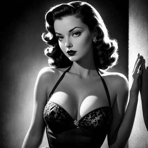 A woman with long dark hair and a plunging neckline is the central figure in this black and white portrait. She is wearing a corset that accentuates her curves, and she has her left hand resting on her hip while her right hand rests on a wall. The background features a simple gray wall, which contrasts with the woman's dark hair and makeup.