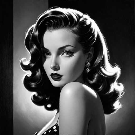 The image is a black and white portrait of a woman with long hair styled in loose curls. She has dark lipstick on her lips and is wearing a polka dot dress. The background features a simple wooden wall that contrasts with the woman's attire.