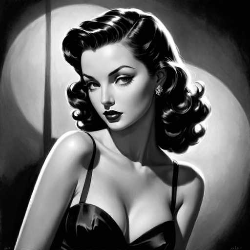 The image is a black and white portrait of a woman with long hair styled in an elegant updo. She is wearing a corset that accentuates her figure, and the background features a large circular light source casting a shadow on the wall behind her. The artist's signature can be seen at the bottom right corner of the painting.