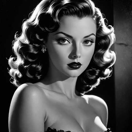A woman with curly hair is captured in a black and white portrait against a stark white background. She has her shoulders back and her gaze directed straight at the camera. The simplicity of the image focuses on the subject's features and expression, creating an atmosphere of timeless elegance.