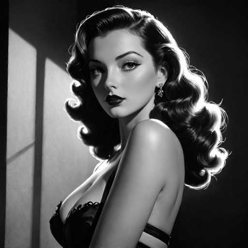 A woman with long dark hair is captured in a black and white portrait against a stark white background. She wears a strapless dress that accentuates her figure, and the lighting from an unseen source casts dramatic shadows on her face, adding depth to the image. The simplicity of the color palette enhances the contrast between light and shadow, making the woman's features stand out prominently.