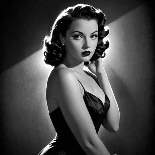 A woman with long dark hair is captured in a black and white portrait against a stark gray background. She wears a strapless dress that falls just below her shoulders, accentuating the elegance of her figure. The lighting from above casts a soft glow on her face, highlighting her features and adding depth to the image.