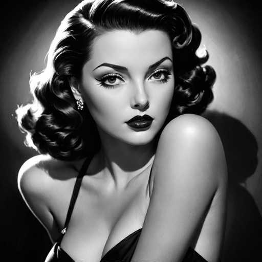 A woman with long dark hair and a plunging neckline is the central figure in this black and white portrait. She has her left hand resting on her hip and her right hand gently placed on her chest, creating an intimate and captivating pose. The background features a stark contrast of a dark wall that serves to highlight the subject's face and upper body.