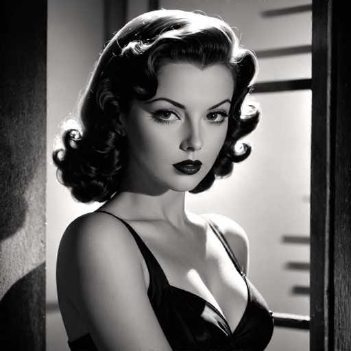 A woman with long dark hair is captured in a black and white photograph. She is wearing a black dress that contrasts with the light background behind her. The woman's gaze is directed straight at the camera, creating an engaging portrait.