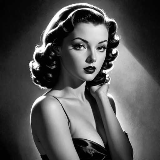 A woman with curly hair is captured in a black and white portrait against a dark background. She is wearing a strapless dress that falls just below her shoulders, revealing her cleavage. The lighting from the right side of the image casts a shadow on her face, adding depth to the composition.