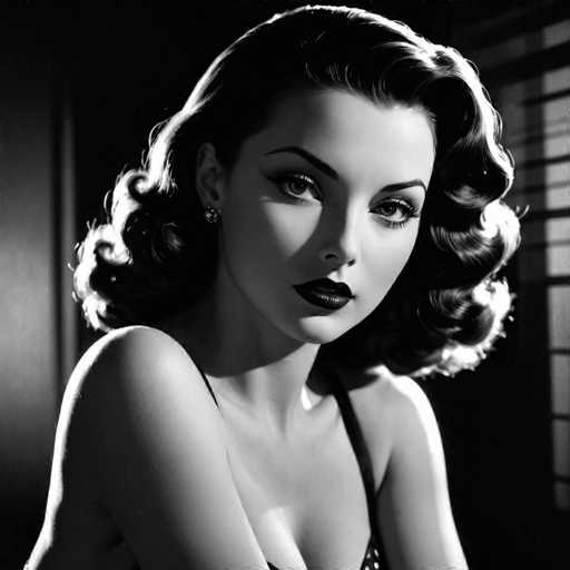 A woman with long dark hair is captured in a close-up portrait against the backdrop of a window and a door. She wears a black dress that contrasts with her skin tone, adding depth to the image. The lighting from behind her casts shadows on her face, creating an ethereal effect.