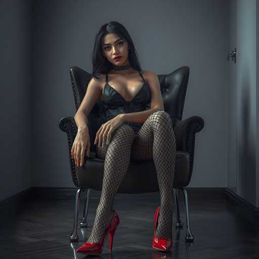A woman is seated on a black leather armchair with red high heels and fishnet stockings. She has her legs crossed and is wearing a black strapless bra and a black dress that matches the chair's color scheme. The background features a gray wall and a white door, creating an elegant and sophisticated atmosphere.