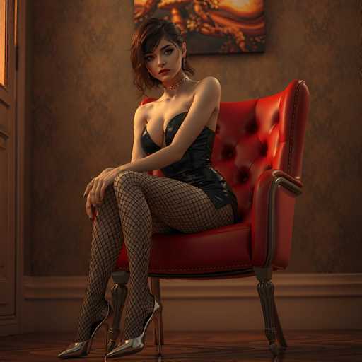A woman is seated on a red chair with her legs crossed and wearing a black dress that features fishnet stockings. She has her hands resting on the armrests of the chair. The room has beige walls and a wooden floor, creating an elegant atmosphere.