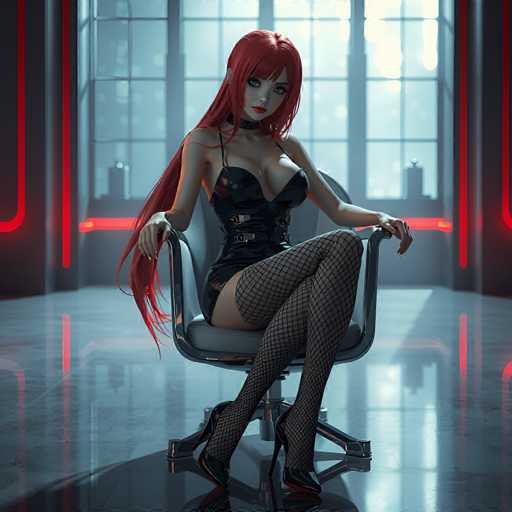 A woman with red hair and a black dress is seated on a silver chair in front of a window that reflects the interior lights. The room has a futuristic design with neon lights and a glass wall, creating an otherworldly atmosphere.
