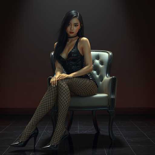 A woman is seated on an ornate chair with a high back and upholstered in black leather. She is wearing a fishnet stockings outfit that includes a top hat and a necklace. The background of the image is dark red, which contrasts with her attire and accentuates her presence.