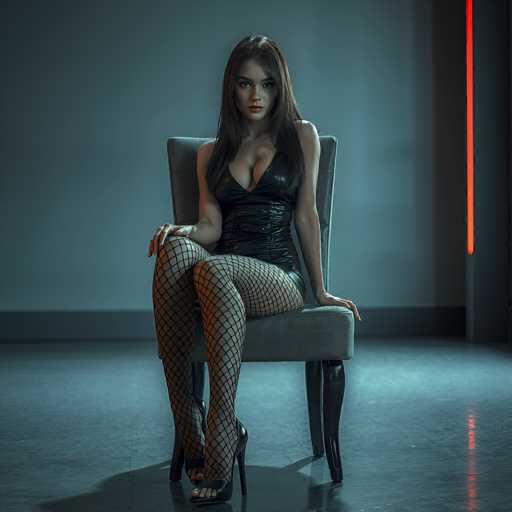 A woman is seated on a gray chair with her legs crossed and wearing a black dress that features fishnet stockings. She has long brown hair and is looking directly at the camera. The background of the image shows a dark blue wall with a red neon strip running across it, creating an interesting contrast against the white floor.