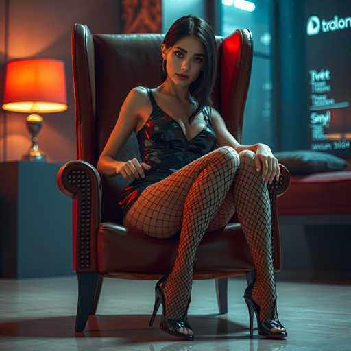 A woman is seated on a brown leather chair with her legs crossed and wearing a black dress that features fishnet stockings. She has her hands resting on the armrests of the chair. The background includes a lamp and a window, suggesting an indoor setting such as a living room or bedroom.