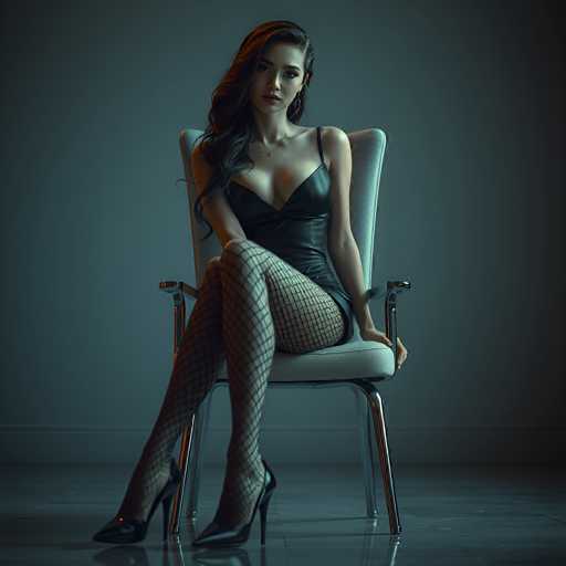 A woman is seated on a chair with her legs crossed and wearing a black dress that features fishnet stockings. She has dark hair styled in loose waves and is looking directly at the camera. The background is a dark blue color, which contrasts with the white armrest of the chair she's sitting on.
