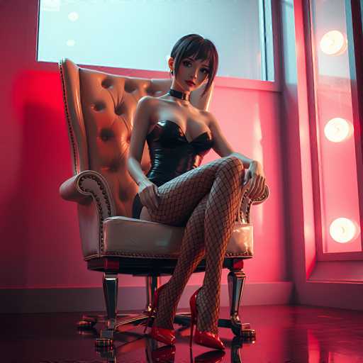 A woman is seated on a white chair with red heels and black stockings, positioned against a pink wall with three lights mounted above her head.