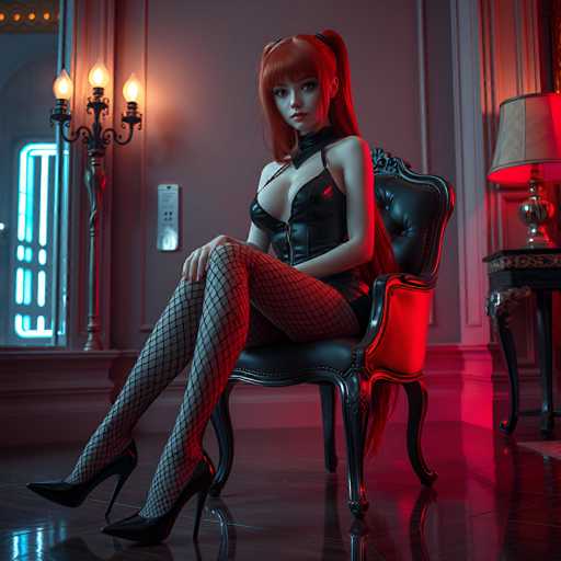 A woman with red hair and a red ponytail is seated on an ornate chair in what appears to be a luxurious room. She is wearing a black dress that features fishnet stockings and high heels. The room has a dark color scheme, with a large mirror hanging above the woman's head and a lamp casting a warm glow across the space.