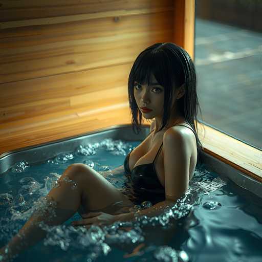 A woman wearing a black swimsuit is sitting in a bathtub filled with water and bubbles, looking directly at the camera with an expression of concentration or contemplation.