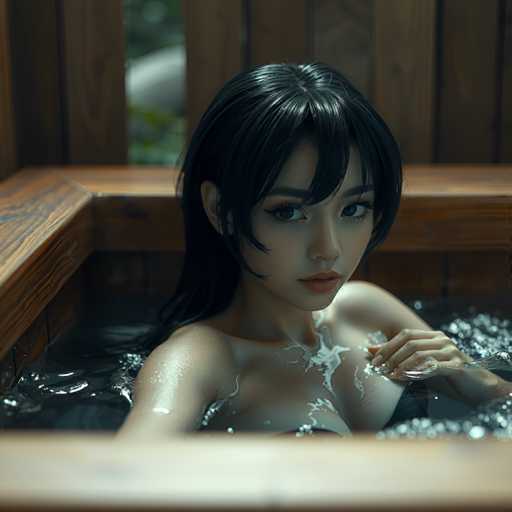 A young woman with long dark hair is seen sitting inside a wooden bathtub filled with water and bubbles. She has her arms resting on the side of the tub, and she appears to be enjoying herself in this relaxing setting.