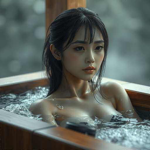 A young woman with long dark hair is seen sitting in a wooden bathtub filled with water and bubbles. She has her head tilted back as she looks off into the distance.