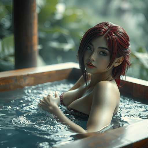 A woman with red hair and a bikini top is sitting in a bathtub filled with water, wearing a brown tank top.
