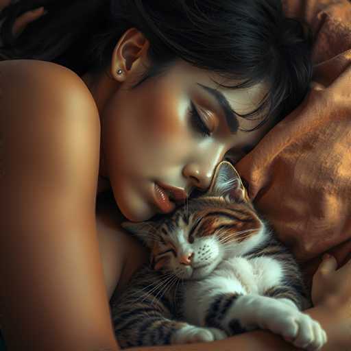 A woman is seen sleeping on a bed with her cat curled up next to her. The image has a warm and cozy atmosphere, with the woman's face partially visible but still noticeable.