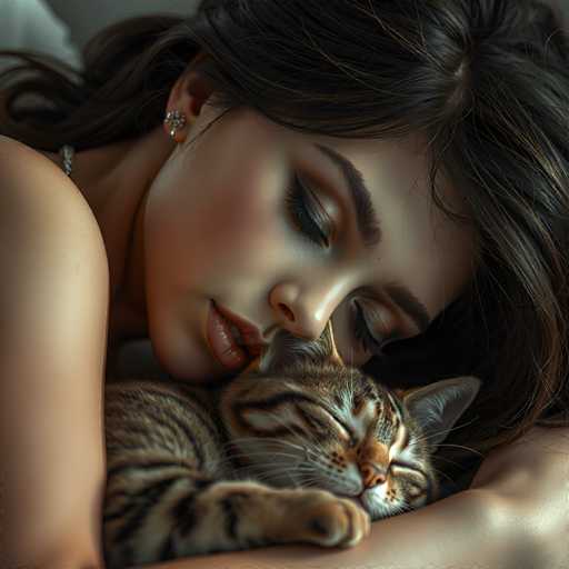 A woman with long brown hair is hugging a cat that has stripes and orange patches on its face and chest. The cat's eyes are closed as it rests comfortably against the woman's arm.