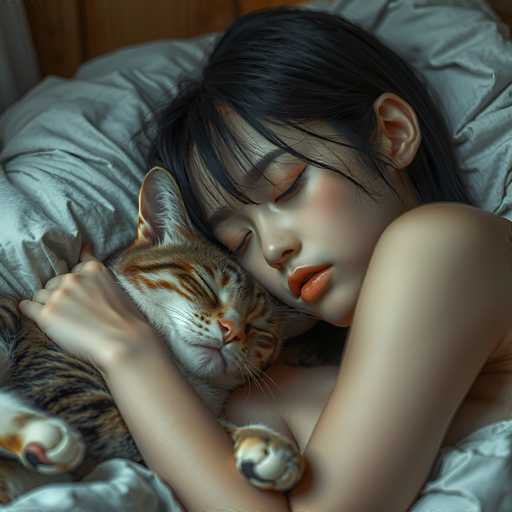 A young woman is lying on her stomach with a cat curled up next to her on the bed. The woman has dark hair and is wearing orange lipstick.