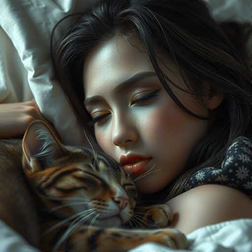 A woman with long brown hair is lying on a bed and holding a cat that has orange fur and white paws.