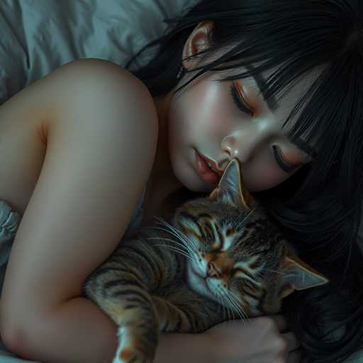 A woman with long dark hair is lying on her stomach on a bed and holding a cat that has its eyes closed and ears perked up.