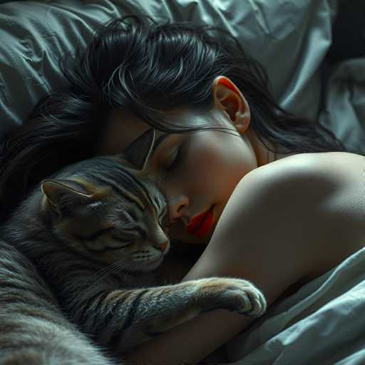 A woman is sleeping on her back with a cat curled up next to her on the bed.