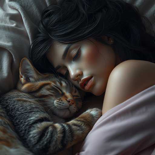 A woman is lying down on a bed with her head resting on the arm of the bed and holding a cat that has its eyes closed and appears to be sleeping.