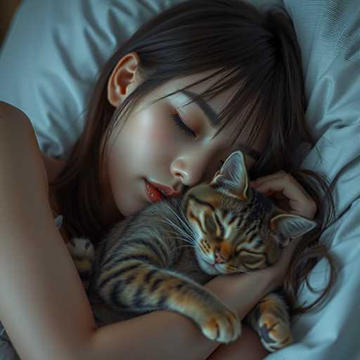 A woman is lying down on a bed with her head resting on the arm of the bed and holding a cat that has its paws up in the air.