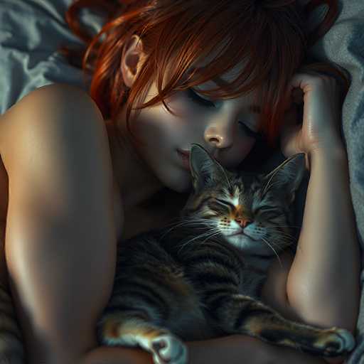 A woman with red hair is lying on a bed and holding a cat that has brown and black stripes.