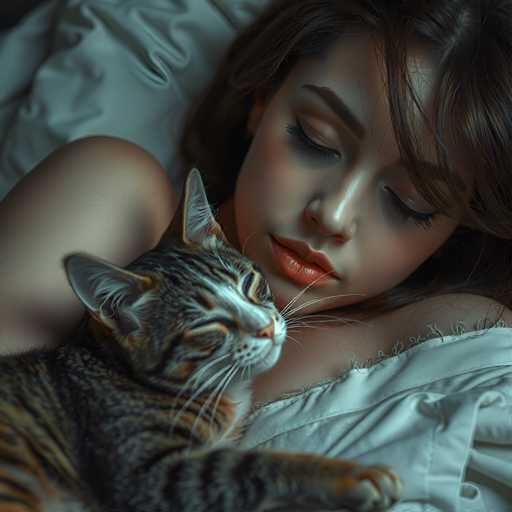 A woman with brown hair is lying on a bed and holding a cat that has orange and white stripes.