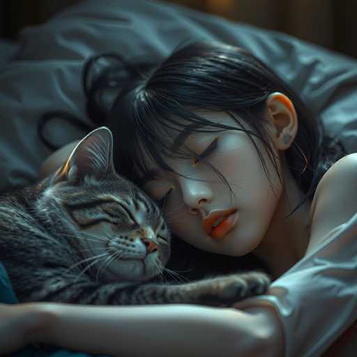 A woman is sleeping on her stomach with a cat curled up next to her on the bed.