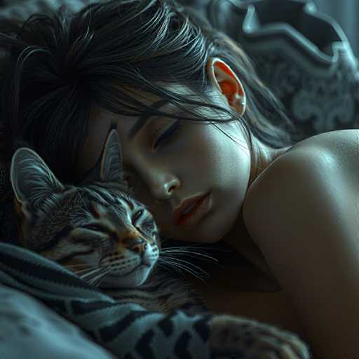 A woman with long dark hair is lying on a bed and holding a cat that has black stripes and white spots.