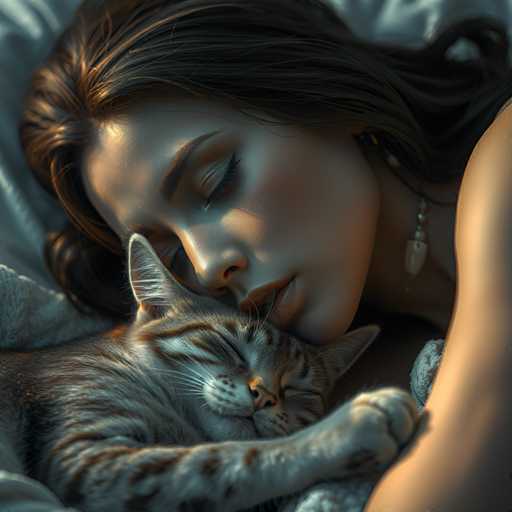 A woman with long brown hair is lying on a bed and holding a cat that has white fur and black stripes. The cat's eyes are closed as it rests its head on the woman's chest.