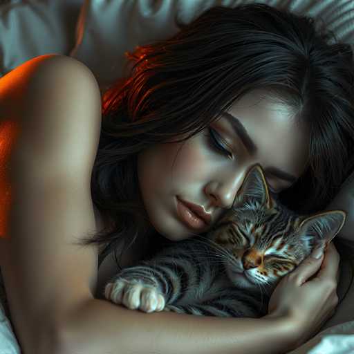 A woman with long brown hair is lying on her stomach on a bed and holding a cat that has stripes of orange and black fur.