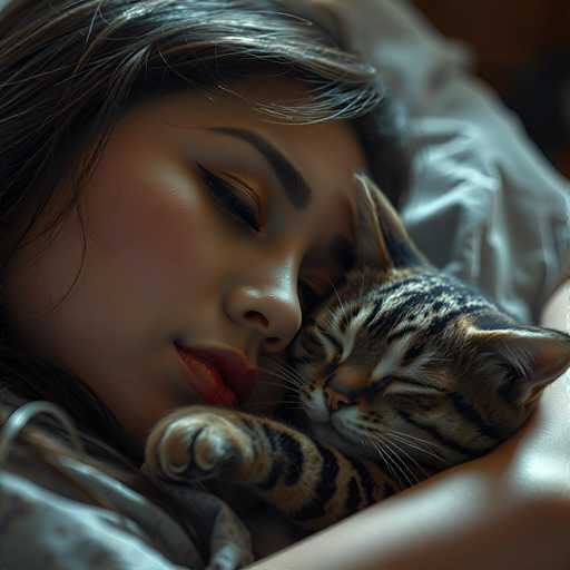 A woman with brown hair is lying on a bed and holding a cat that has black stripes.