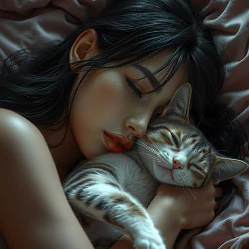 Girl sleeping with her cat