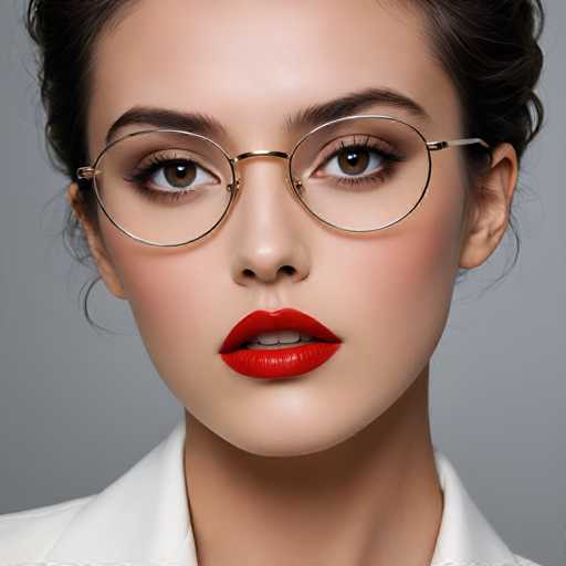 A woman with brown hair and a white blouse is the main subject of this image. She has striking red lipstick on her lips and is wearing gold-framed glasses that add an elegant touch to her appearance. The background is a plain gray color, which contrasts nicely with the woman's vibrant makeup and eye makeup.