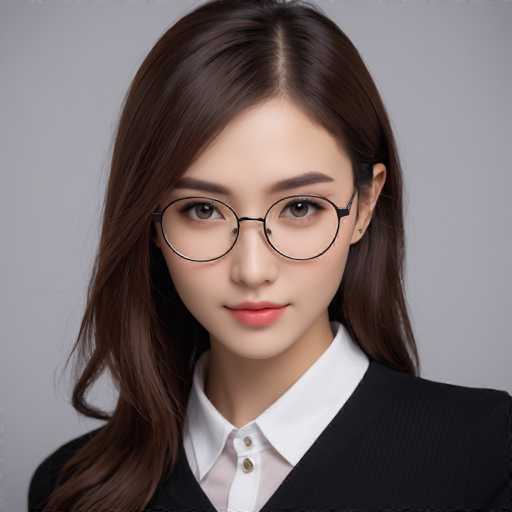 The image shows a close-up portrait of an Asian woman wearing glasses and a white collared shirt against a gray background.