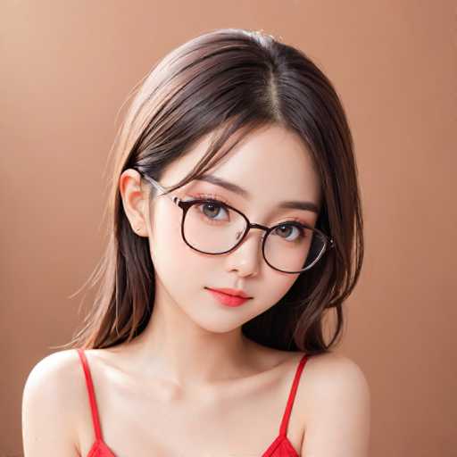 A young woman with long brown hair is wearing a red tank top and glasses that have a dark frame color. She has her eyes closed and is looking directly at the camera.