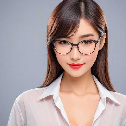 The image shows a young woman with long brown hair wearing glasses and a white blouse against a gray background. She has red lipstick on her lips and is looking directly at the camera.