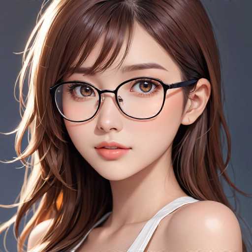 The image shows a close-up portrait of a young woman with long brown hair and glasses on her face. She is wearing a white tank top that contrasts with the dark background. The woman's gaze is directed off to the side, giving an impression of contemplation or introspection.