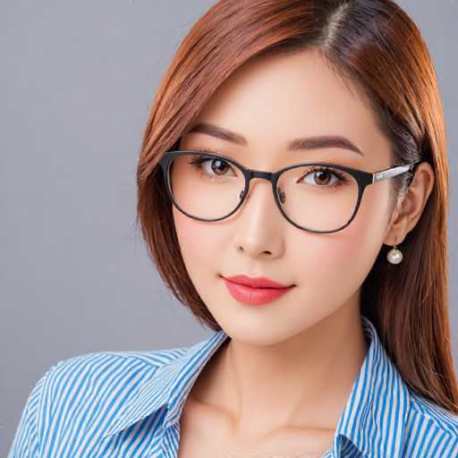 The image shows a close-up portrait of a woman with long brown hair wearing glasses and a blue striped shirt. She has red lipstick on her lips and is looking directly at the camera.