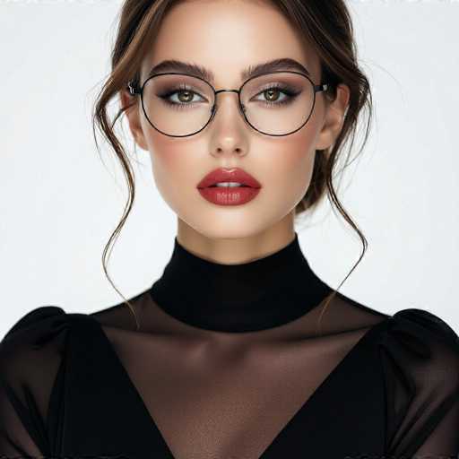 The image shows a close-up portrait of a woman wearing a black dress with a sheer top and a high neckline. She is wearing glasses that frame her face, adding an intellectual touch to the overall look. The background is white, which contrasts nicely with the dark tones of the woman's attire.